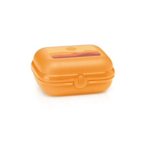 Oranž Tupperware karp suvise mustriga, suletud kaas ja kompaktne vorm.
