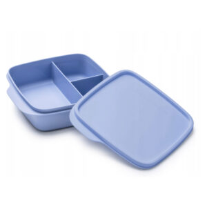 Tupperware Eco+ lahtritega lõunakarp 550 ml, sinine karp kolmeosaliseks toidu hoiustamiseks.